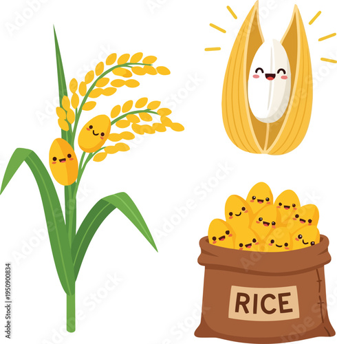 cute kawaii cartoon rice plant stalk, overflowing sack with happy faces, and de-husked grain vector