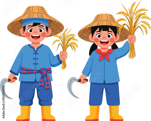 happy children as traditional rice farmers holding sickles and harvesting paddy