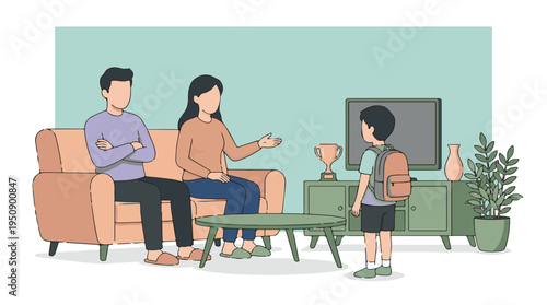 Parents talking to their son in the living room, family discussion