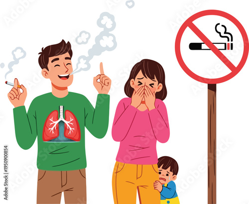 distressed family suffers from secondhand smoke next to a defiant man and a no smoking sign vector