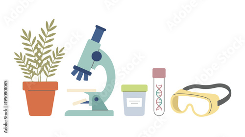 Science and biology concept with various lab instruments and plant illustration