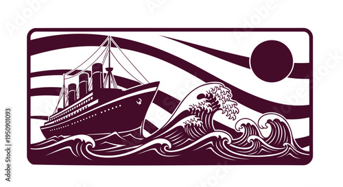Vector illustration of a ship on waves with sun