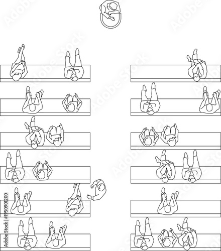 Technical architectural plan view drawing showing human figures in various relaxed poses lying and sitting on benches or mats for scale reference.