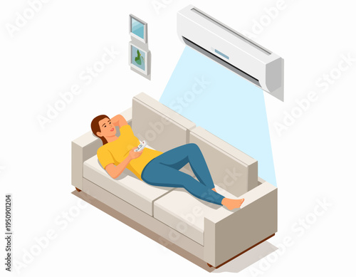 Woman Relaxing on Sofa under Air Conditioner.
