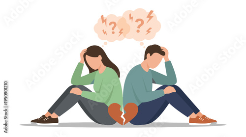 Couple in relationship crisis, sitting back to back with a broken heart symbol