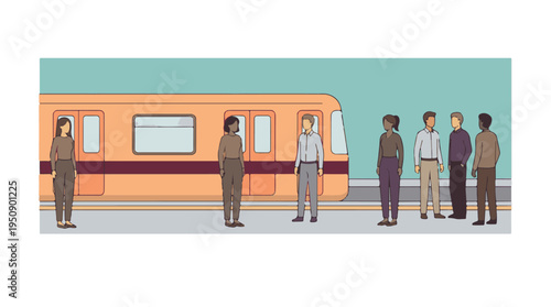 Diverse group of people waiting on a subway platform for a train