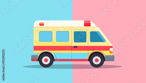 Cartoon Ambulance Van on Two-Toned Background