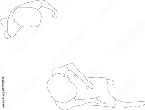 Technical drawing showing human figure outlines in different body positions including curled/fetal pose and reclining pose for scale and ergonomic reference.