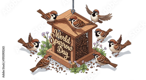 Illustration of house sparrows around a wooden bird feeder with 'World Sparrow Day' text on it, surrounded by flowers and seeds on a white background, promoting bird conservation and urban
