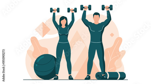 Couple working out with dumbbells, promoting fitness and healthy lifestyle