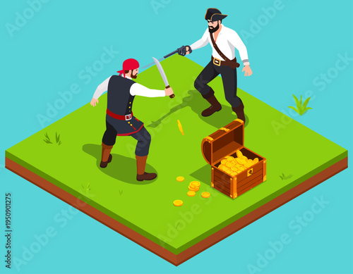 Pirates Fighting Over Treasure Chest on Island.