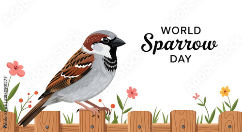Illustration of a house sparrow perched on a wooden fence with flowers, promoting World Sparrow Day with a design concept for bird conservation and urban bird protection.