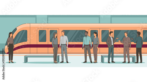 Diverse group of people waiting for a train on an urban station platform