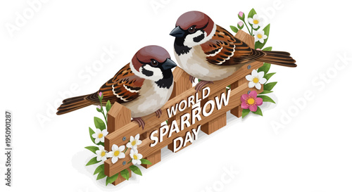 Illustration of two house sparrows on a wooden sign with flowers and leaves, promoting World Sparrow Day and bird conservation awareness with a natural, earthy tone.