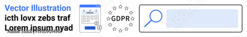 Data privacy, online security, GDPR compliance, search engine optimization, privacy protection, digital systems. GDPR symbol with stars, search bar and calendar graphic. Data privacy and online