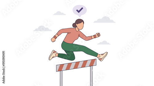 Determined woman athlete leaping over a barrier, achievement graphic