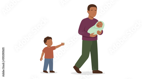 Challenges of new parenthood: father, crying baby, neglected older child