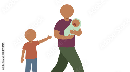 Minimalist illustration of a father holding a newborn and an older child reaching