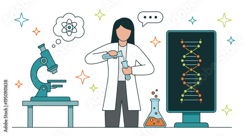 Science research illustration with female scientist, DNA, and lab equipment