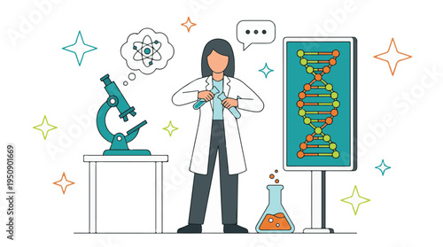 Female scientist conducting research with DNA, microscope, and lab equipment