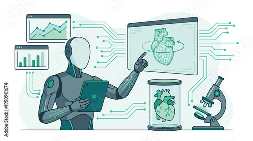 AI robot analyzing medical data and heart anatomy in biotechnology research