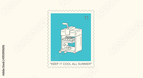 Vector illustration of a fridge on a blue stamp with 'KEEP IT COOL ALL SUMMER' text