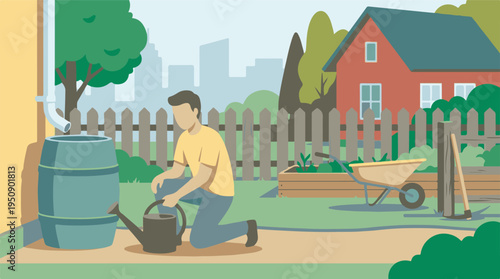 Eco-friendly garden: Man filling watering can from rain barrel for plants