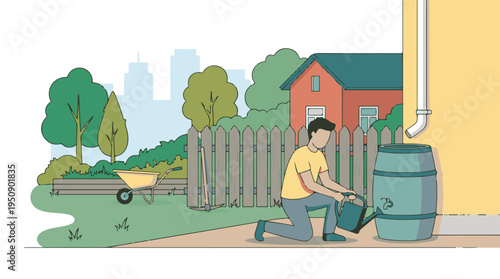 Man collecting rainwater from barrel for gardening in backyard illustration