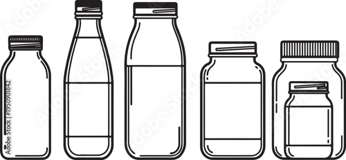Assorted glass containers with metal lids lined up in a row Vector