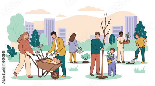 Urban community planting trees and gardening for a greener environment