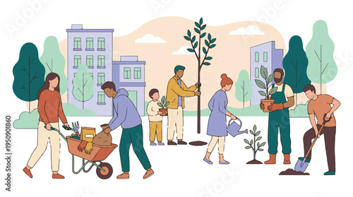 Urban community working together to plant trees and green the city