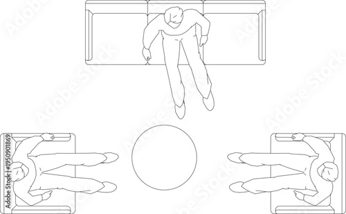 Bilde på lerret Technical interior design plan view showing a seating arrangement with a sofa, two armchairs, a round coffee table, and human figures sitting on the furniture