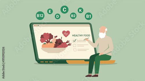 Elderly man learning about healthy food and essential vitamins on a laptop