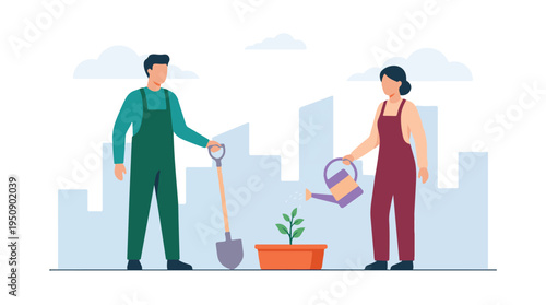 Urban gardening: Man with shovel and woman watering potted plant