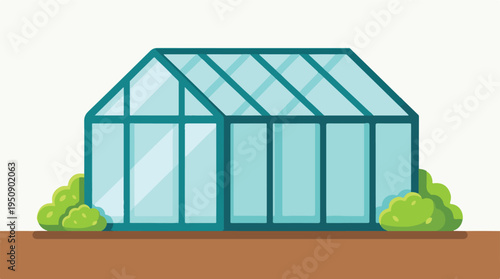 Minimalist flat design illustration of a modern greenhouse with surrounding bushes