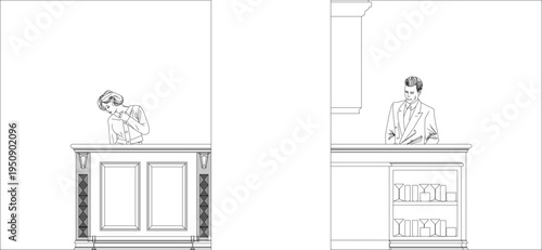 Technical architectural elevation drawing showing reception desk or counter designs with human figures for scale, including decorative cabinet and storage shelving units
