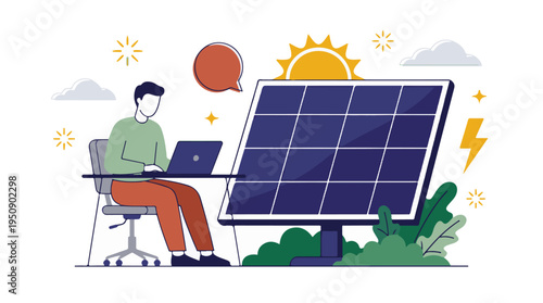 Man working remotely on laptop next to solar panel, sustainable energy concept