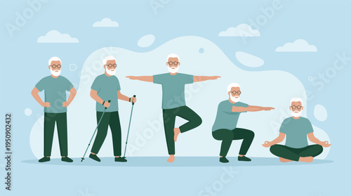 Active senior men practicing various exercises and yoga poses for healthy aging