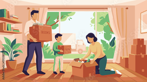 Illustration of a Family Moving House, Packing and Unpacking Boxes