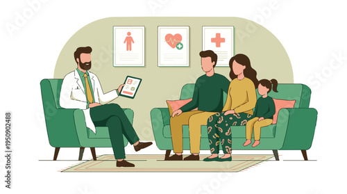 Family Health Consultation with Doctor Using Digital Tablet in Clinic