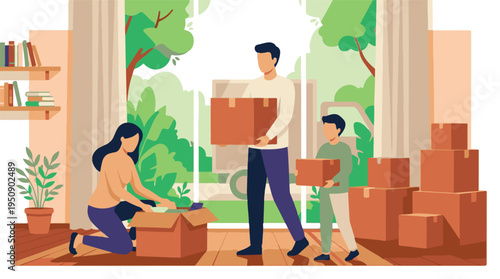 Family moving day, parents and child packing boxes in new home