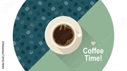 Flat design coffee cup with steam on coffee bean background, Coffee Time!