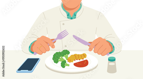 Person with fork and knife preparing to eat an edible insect meal with vegetables