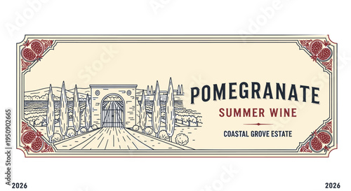 Vector wine label with pomegranate and vineyard illustration