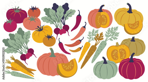 Colorful autumn harvest of fresh vegetables and fruits flat illustration