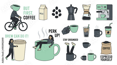 Collection of diverse coffee illustrations with humorous quotes and drinks
