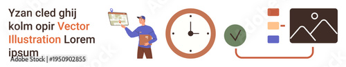 Time optimization, project planning, workflow management, task organization, deadlines, productivity enhancement. A clock, person holding clipboard and task icons. Time optimization and planning