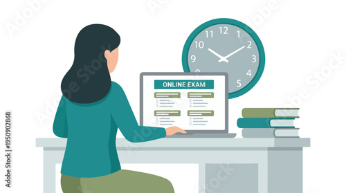 Student taking online exam on laptop at desk with clock and books