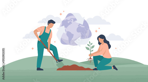 Man and woman planting a tree for environmental conservation and sustainability