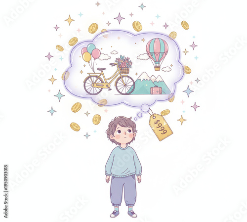 A boy dreams of a new bicycle, a hot air balloon ride, and a lot of money for his birthday